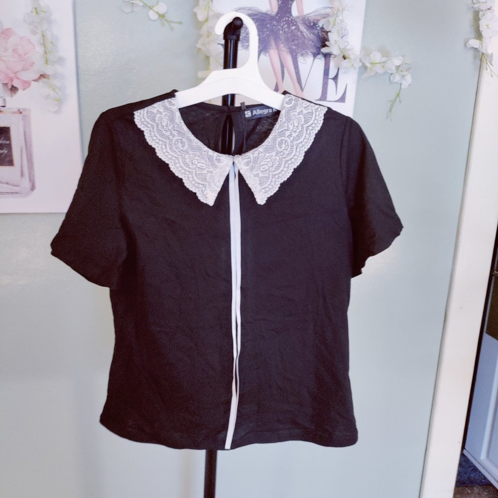 Allegra K Women's Casual Contrast Collar Keyhole Tie Short Sleeve